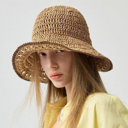 New Women's Wide-Brimmed Open-Weave Straw Bucket Hat
