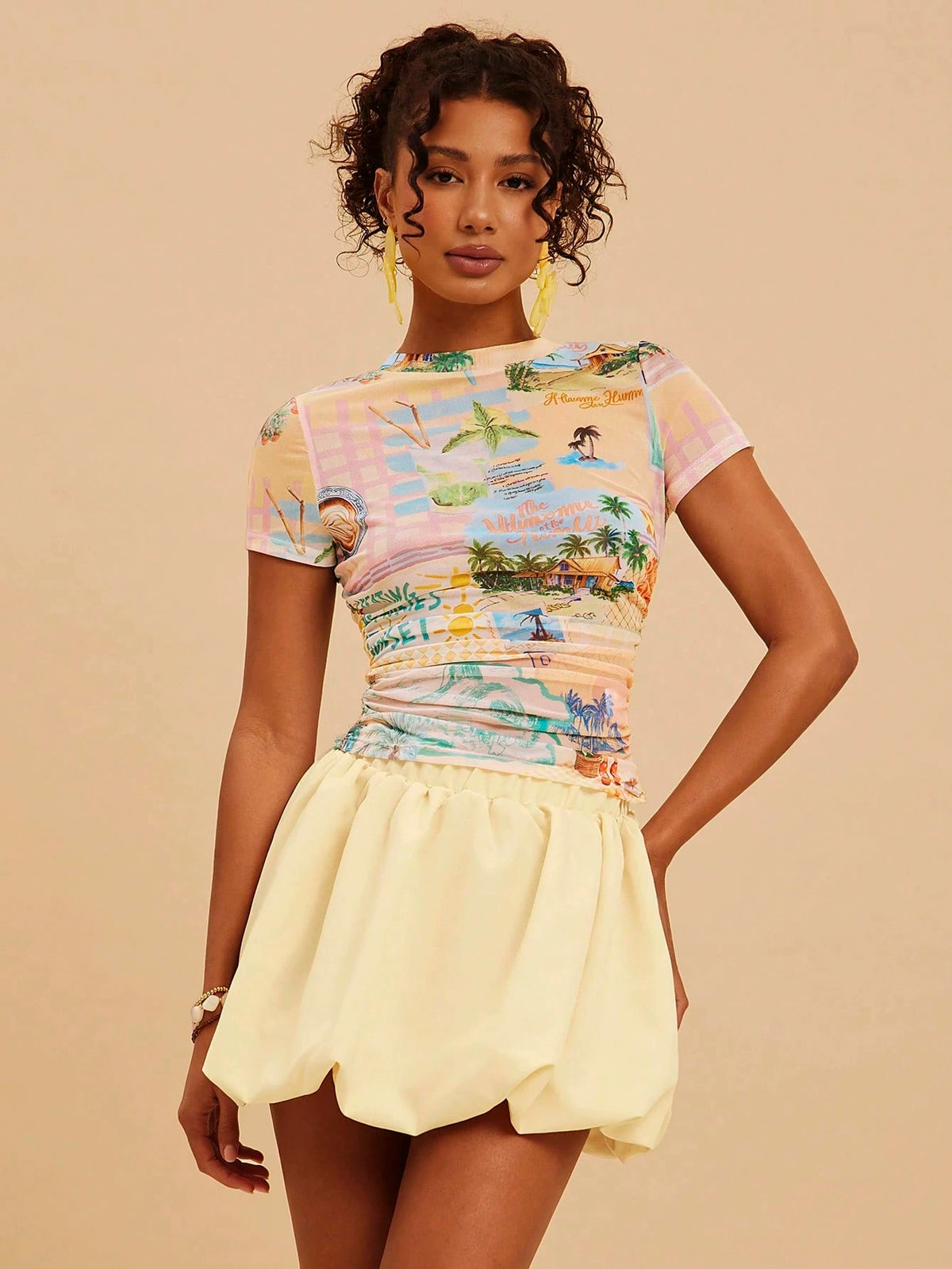 2026 New Beach Style Side-Pleated Double-Layer Mesh Women's Top