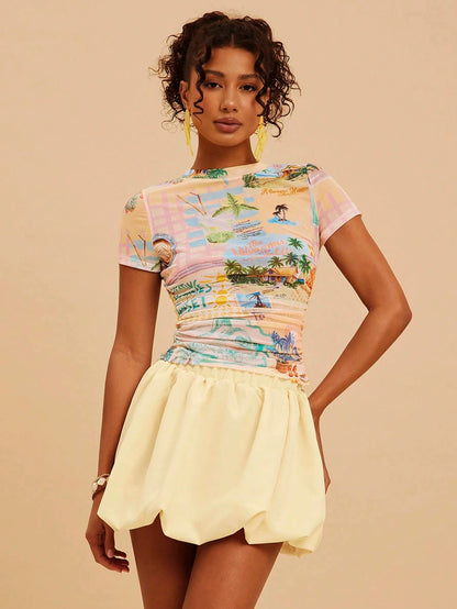 2026 New Beach Style Side-Pleated Double-Layer Mesh Women's Top