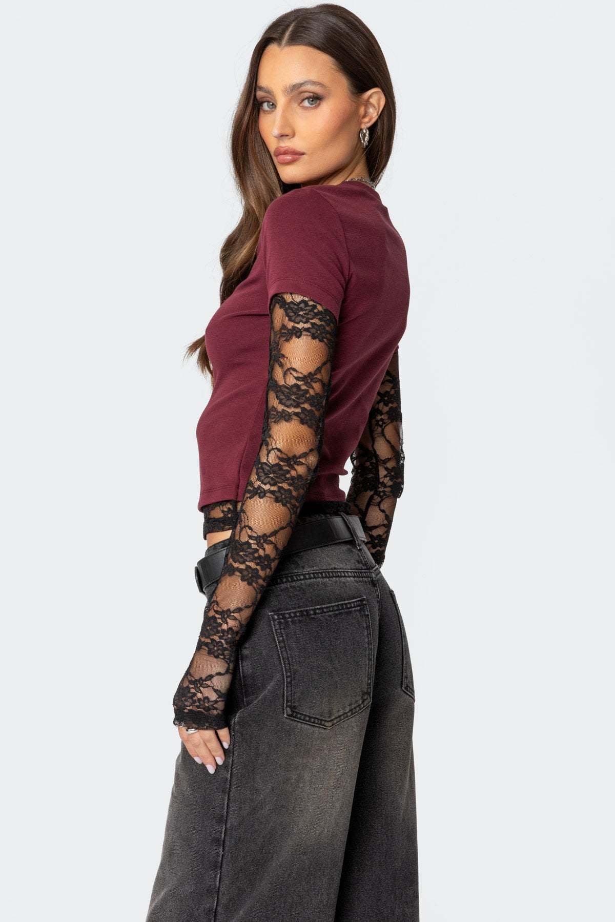 New Women's Patchwork Lace Sleeve Faux Two-Piece Top
