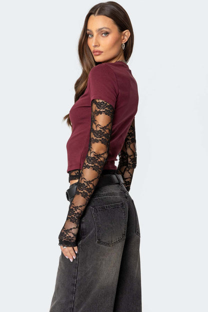 New Women's Patchwork Lace Sleeve Faux Two-Piece Top