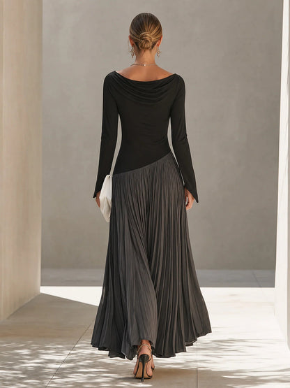 New Autumn Stylish Color-Block Cowl-Neck Maxi Dress