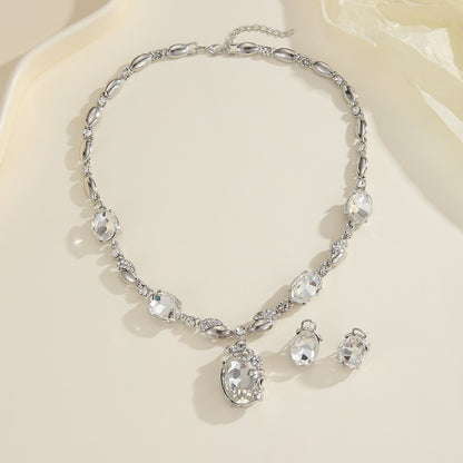 Stylish Oval Rhinestone Necklace and Earring Jewelry Set