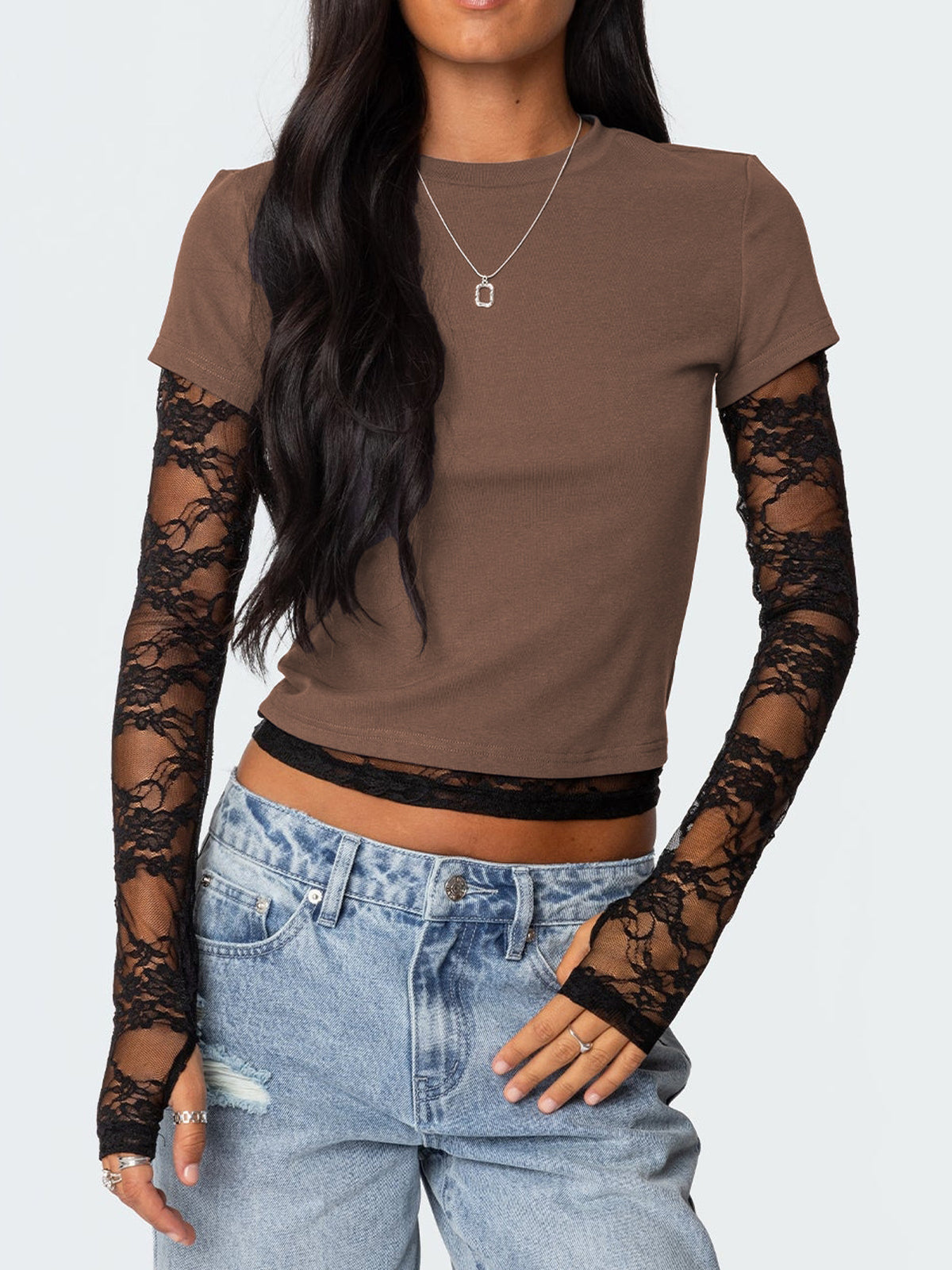 New Women's Patchwork Lace Sleeve Faux Two-Piece Top
