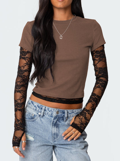 New Women's Patchwork Lace Sleeve Faux Two-Piece Top