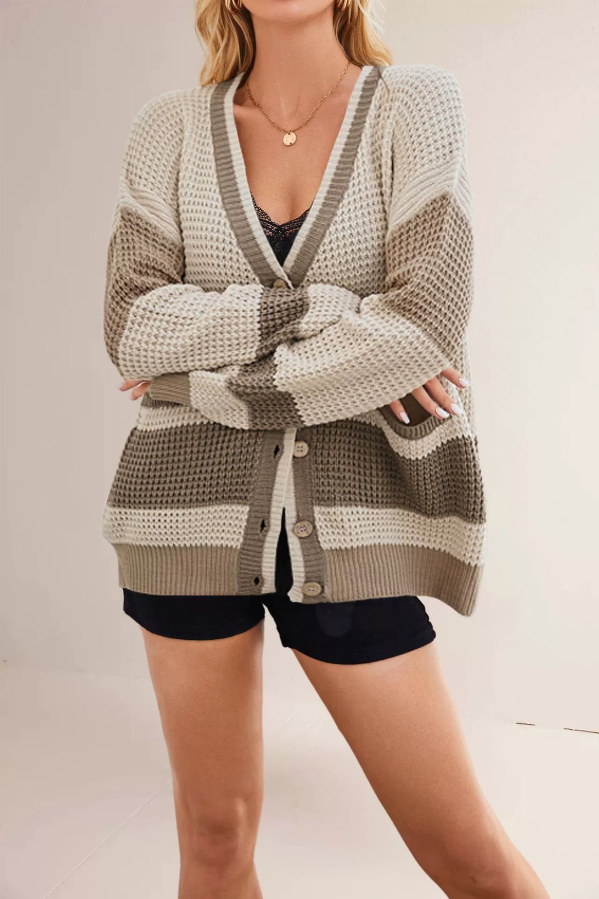 New Hot-Selling V-Neck Color-Blocked Knit Cardigan