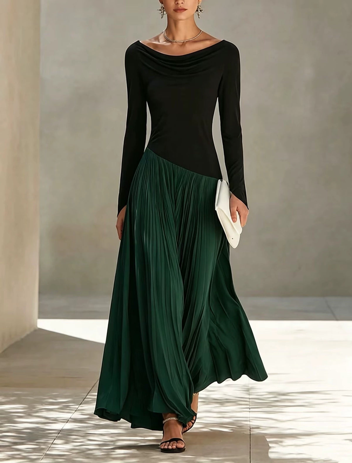 New Autumn Stylish Color-Block Cowl-Neck Maxi Dress