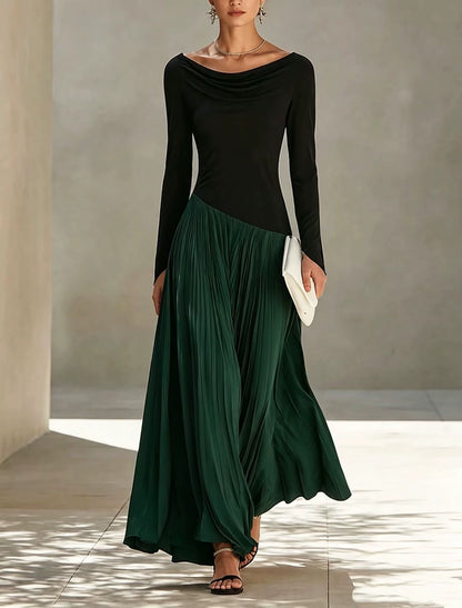 New Autumn Stylish Color-Block Cowl-Neck Maxi Dress