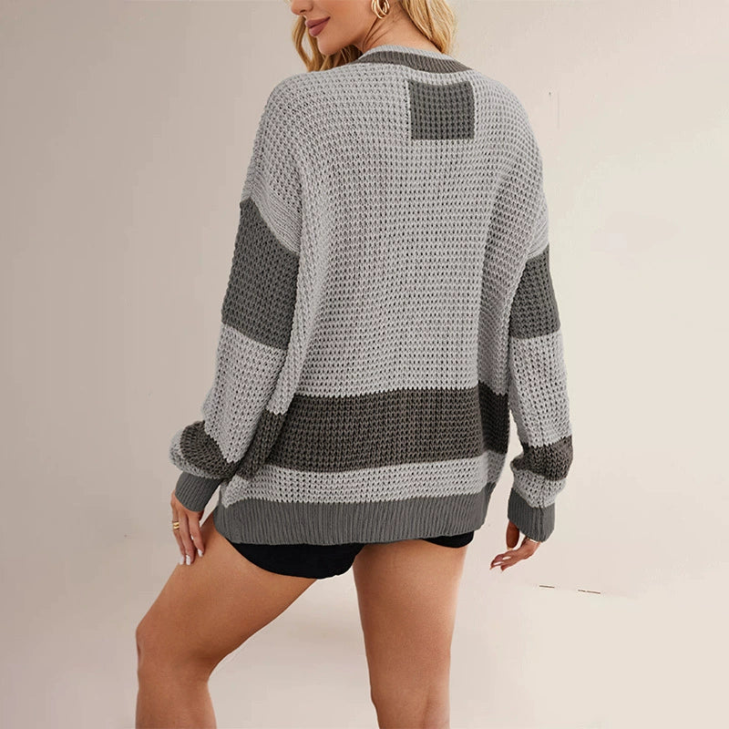 New Hot-Selling V-Neck Color-Blocked Knit Cardigan