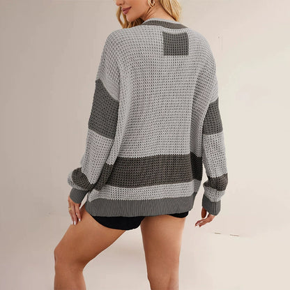 New Hot-Selling V-Neck Color-Blocked Knit Cardigan