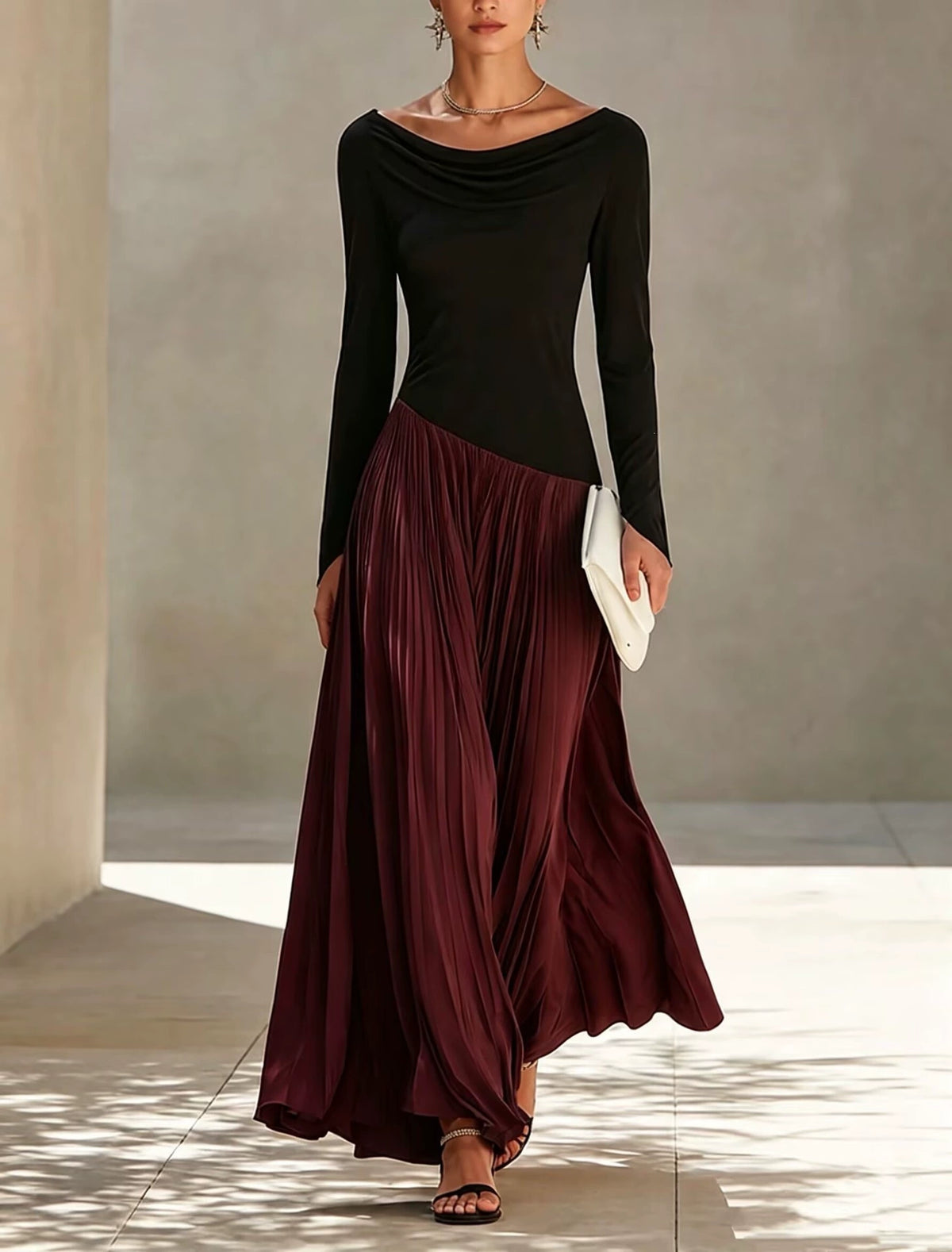 New Autumn Stylish Color-Block Cowl-Neck Maxi Dress