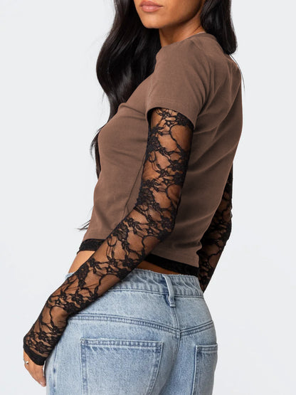 New Women's Patchwork Lace Sleeve Faux Two-Piece Top