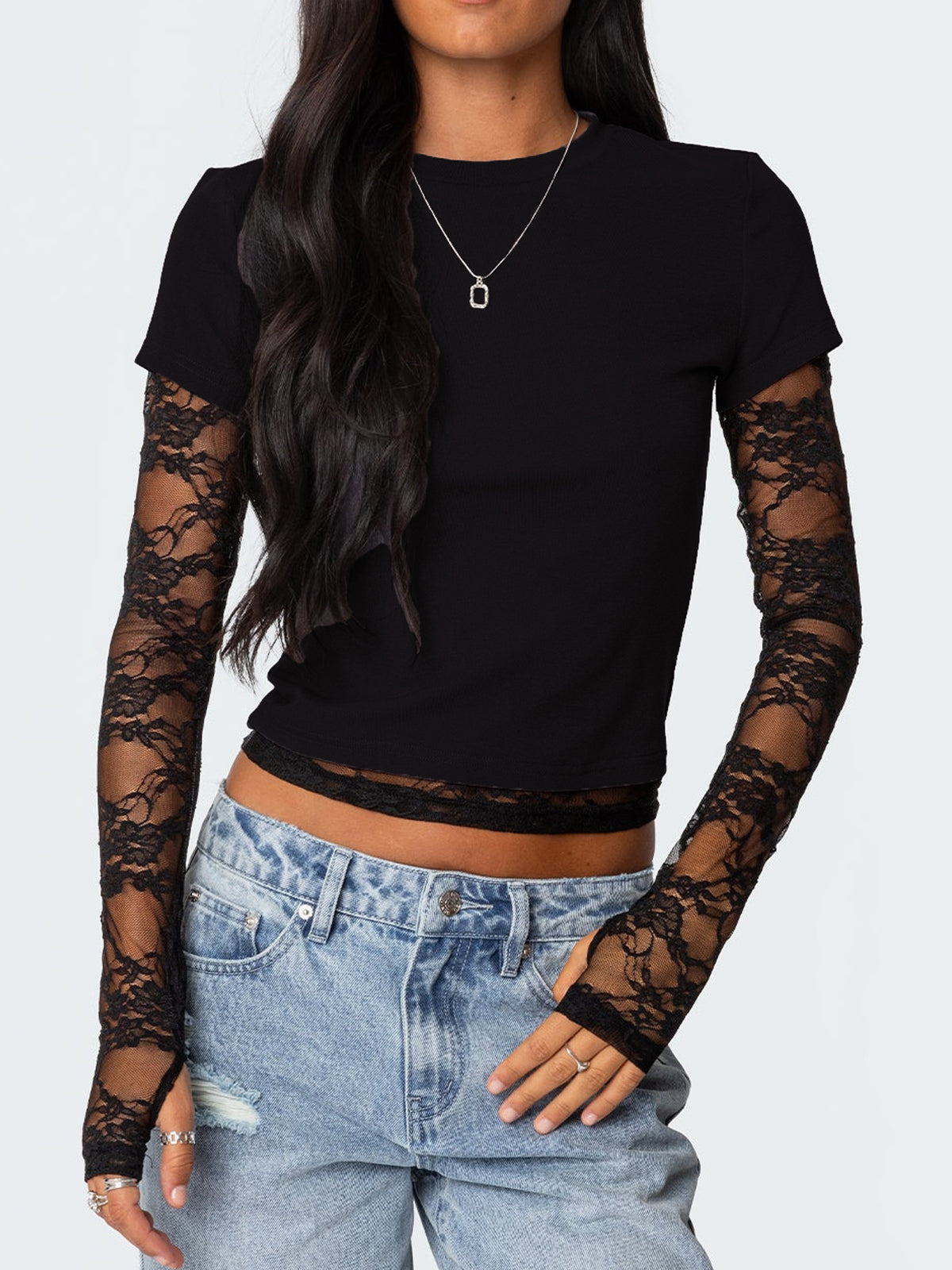 New Women's Patchwork Lace Sleeve Faux Two-Piece Top