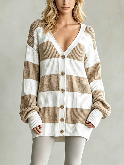 European and American cross-border foreign trade women's clothing, new autumn and winter style, casual striped knit cardigan with long sleeves and buttons