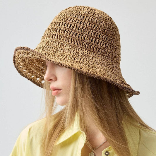 New Women's Wide-Brimmed Open-Weave Straw Bucket Hat