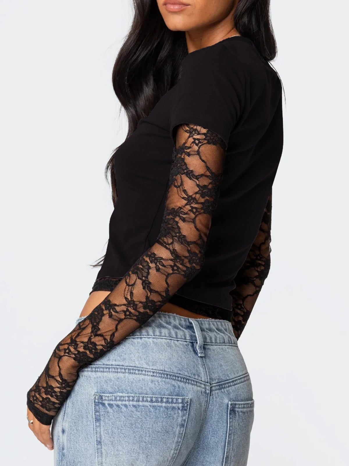 New Women's Patchwork Lace Sleeve Faux Two-Piece Top