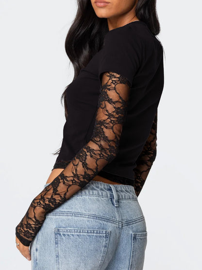 New Women's Patchwork Lace Sleeve Faux Two-Piece Top