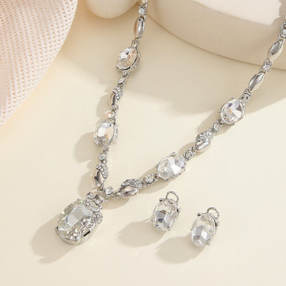 Stylish Oval Rhinestone Necklace and Earring Jewelry Set
