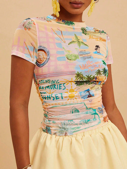 2026 New Beach Style Side-Pleated Double-Layer Mesh Women's Top