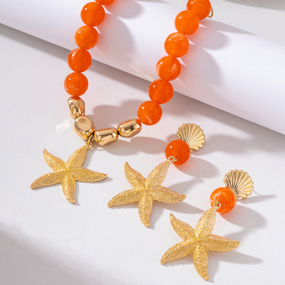 Women's Fashion Starfish and Seashell-Accented Earring and Necklace Set