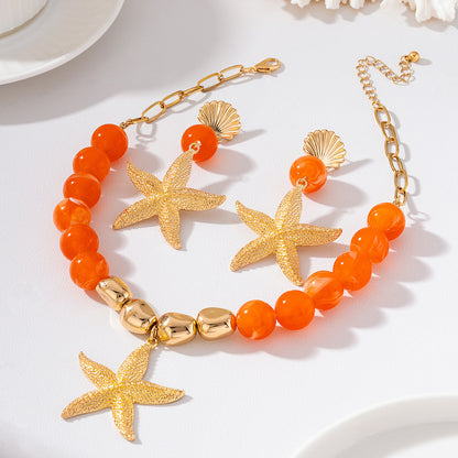 Women's Fashion Starfish and Seashell-Accented Earring and Necklace Set