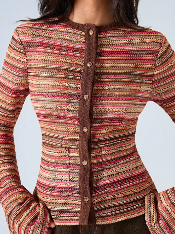 New Autumn Stylish Slim-Fit Striped Cardigan with Flared Sleeves