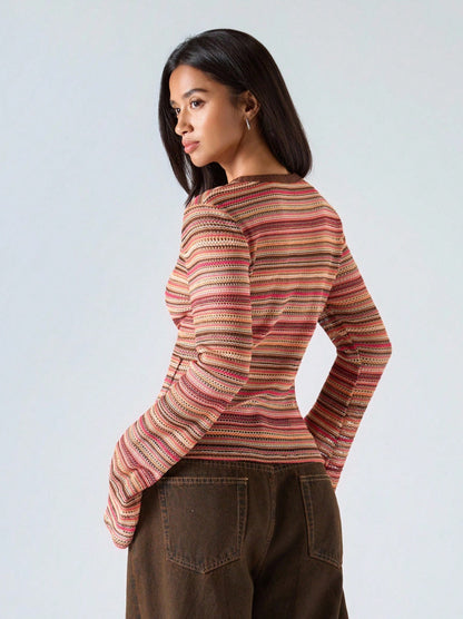 New Autumn Stylish Slim-Fit Striped Cardigan with Flared Sleeves