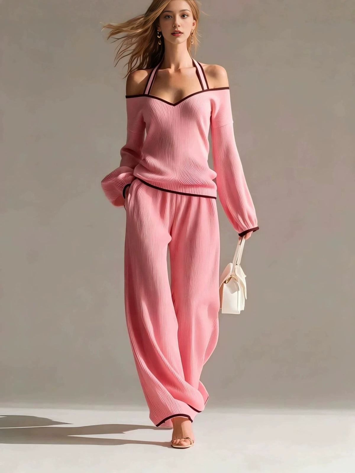 New Backless Long-Sleeved Color-Blocked Two-Piece Set