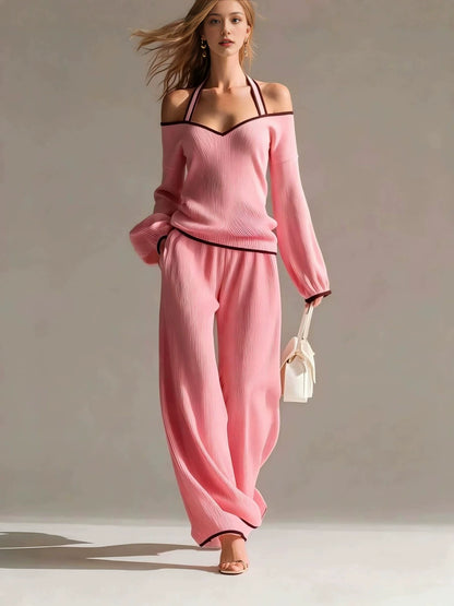 New Backless Long-Sleeved Color-Blocked Two-Piece Set