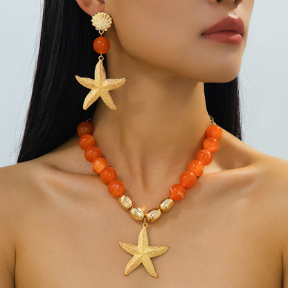 Women's Fashion Starfish and Seashell-Accented Earring and Necklace Set