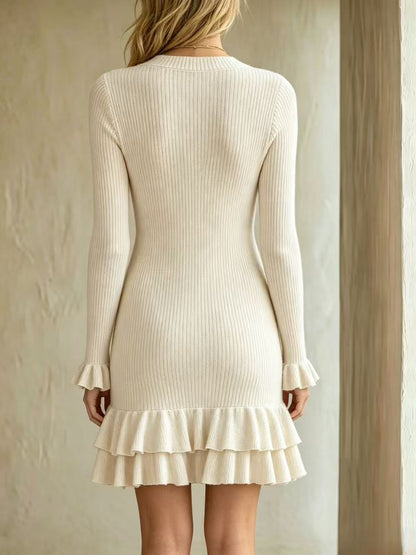 V-Neck Slim-Fit Long-Sleeved Ruffled Short Dress