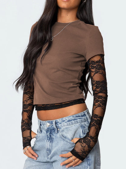 New Women's Patchwork Lace Sleeve Faux Two-Piece Top