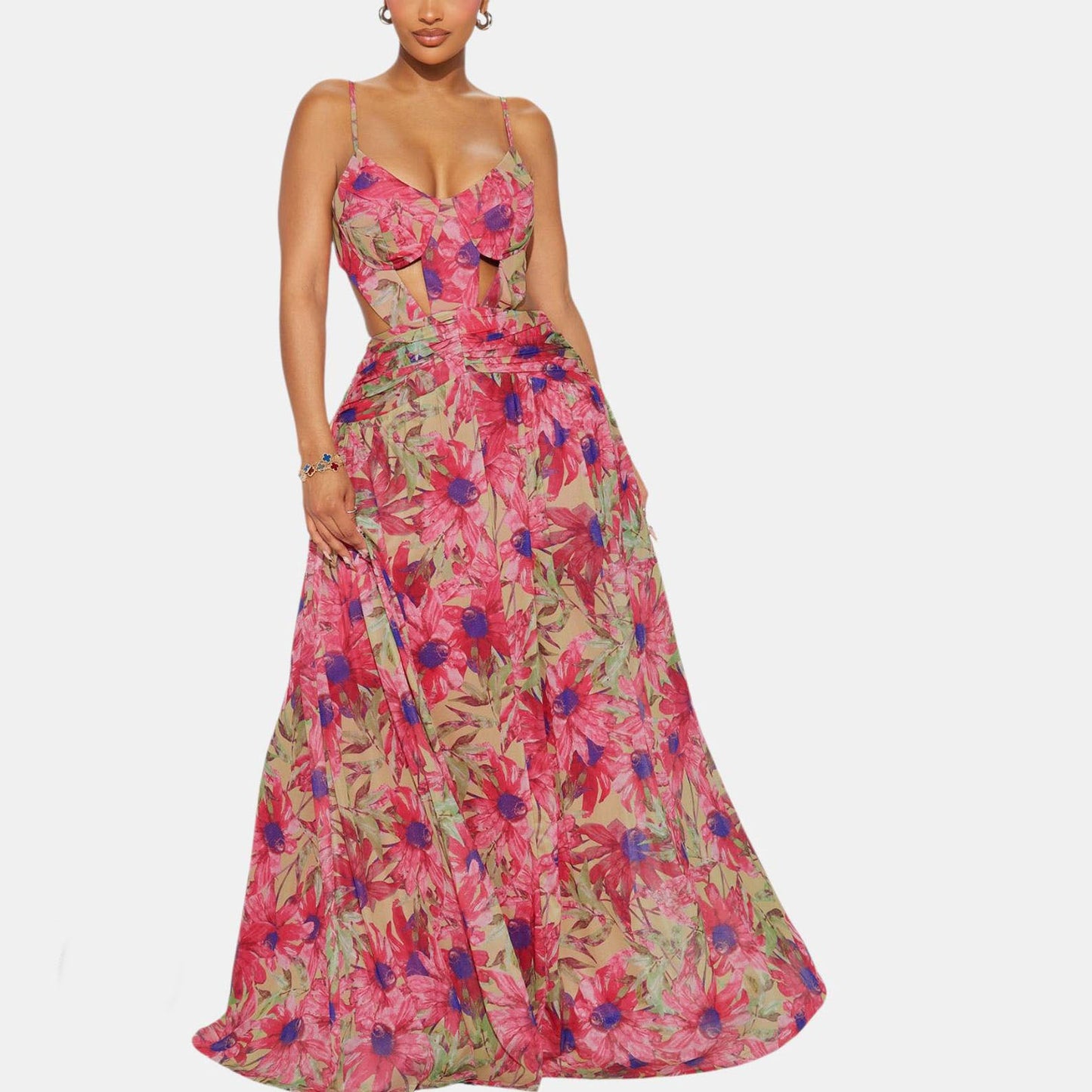 Sweetheart Neckline Cutout Waist Floral Maxi Dress