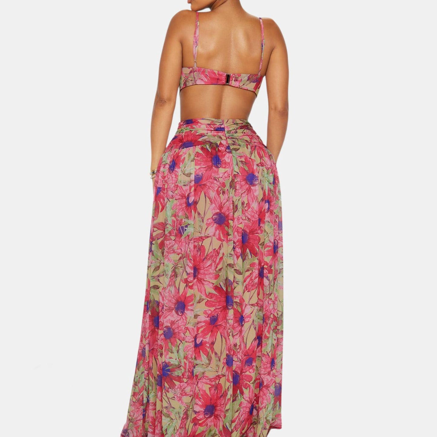 Sweetheart Neckline Cutout Waist Floral Maxi Dress