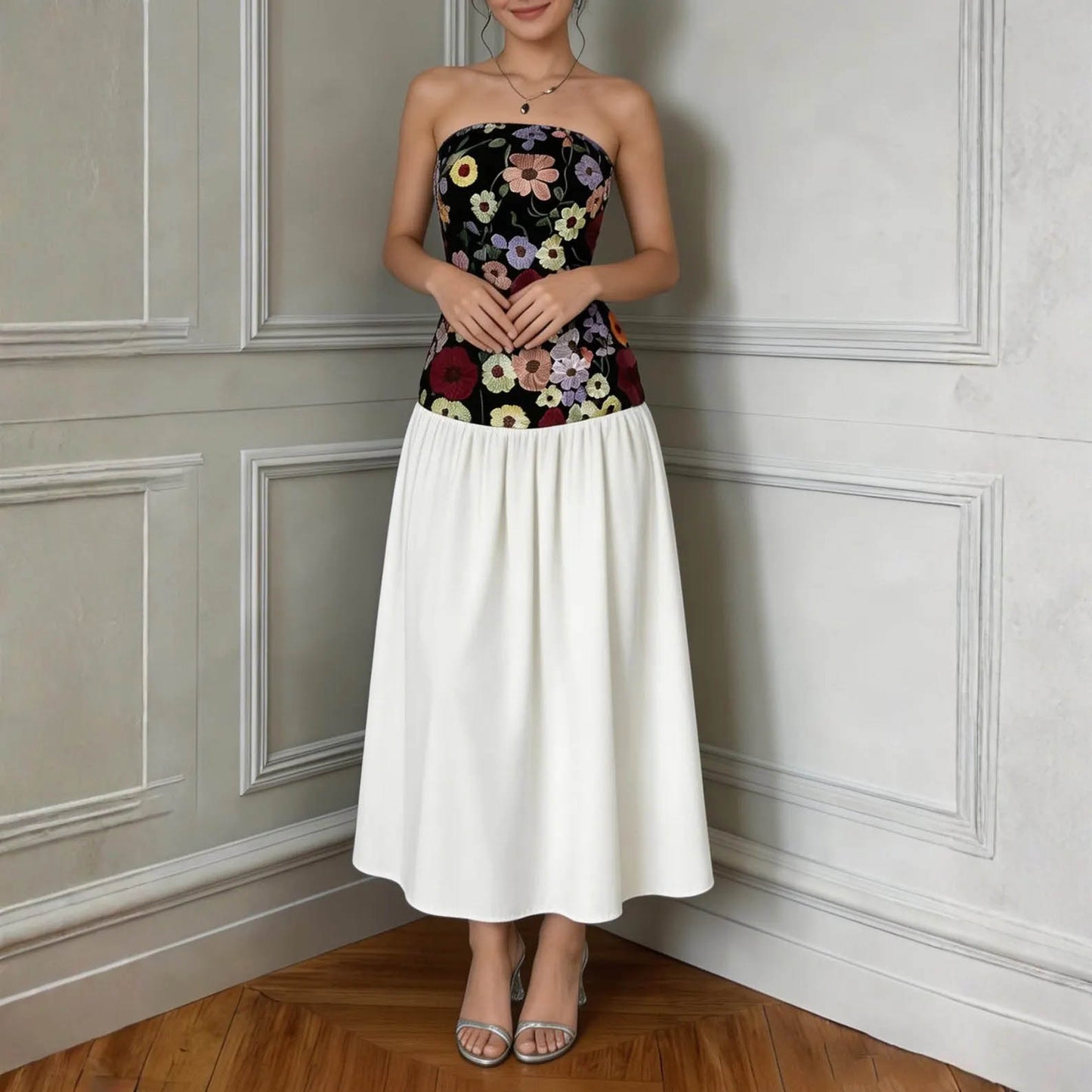 Floral Embroidered Strapless Maxi Dress