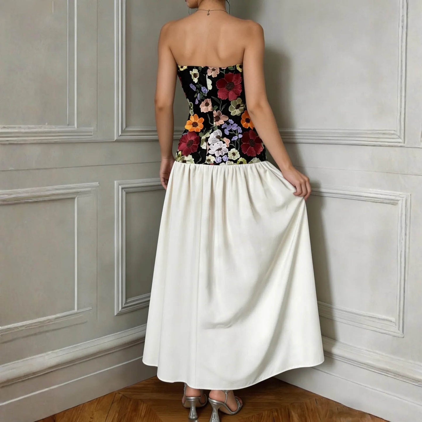 Floral Embroidered Strapless Maxi Dress