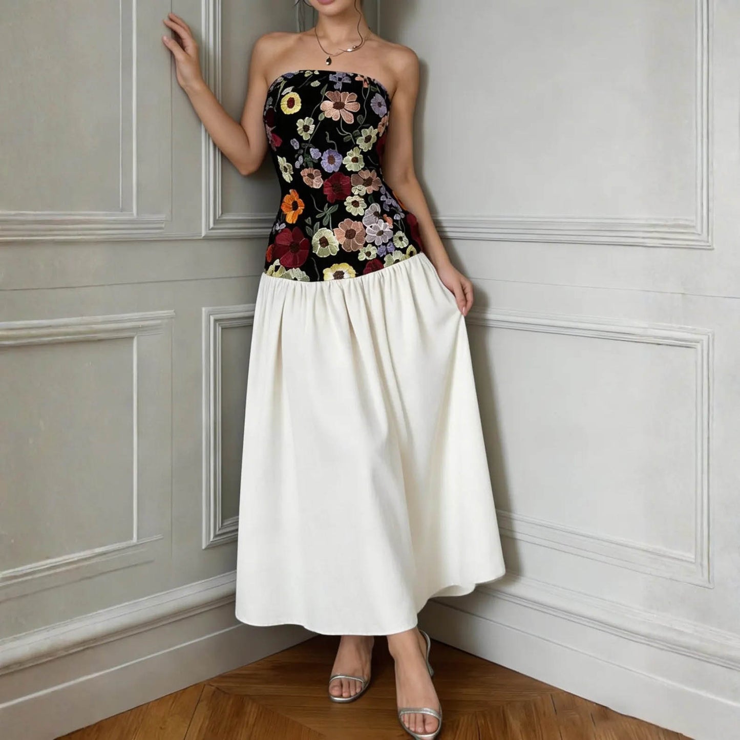 Floral Embroidered Strapless Maxi Dress