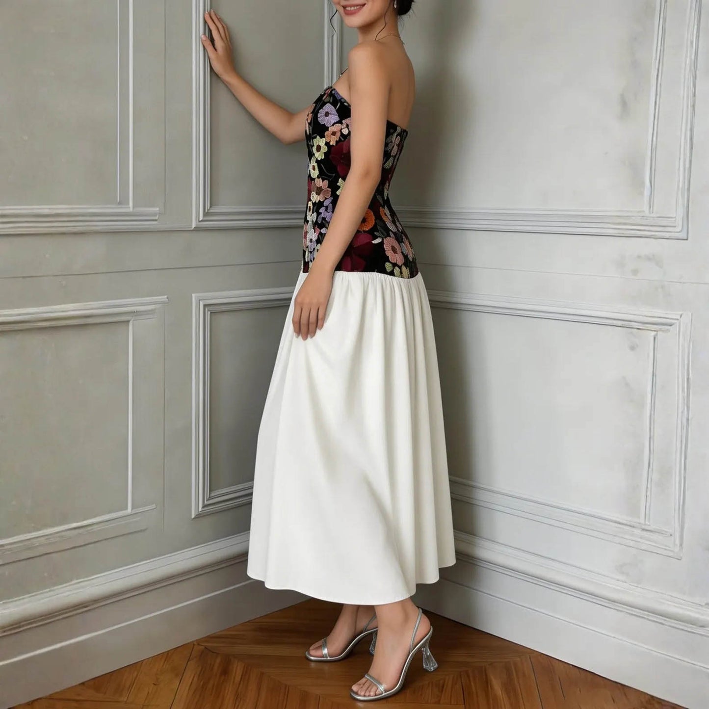 Floral Embroidered Strapless Maxi Dress