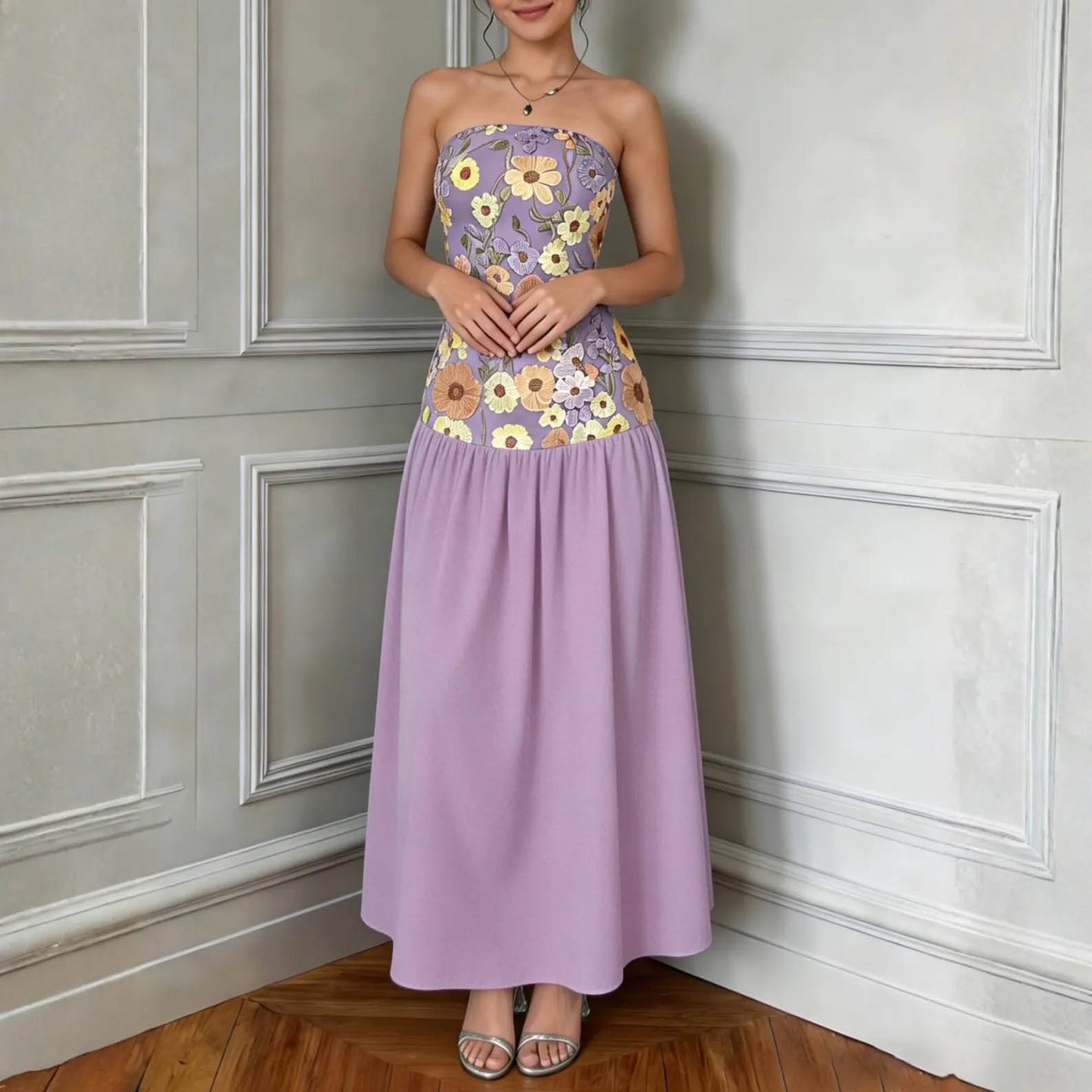 Floral Embroidered Strapless Maxi Dress