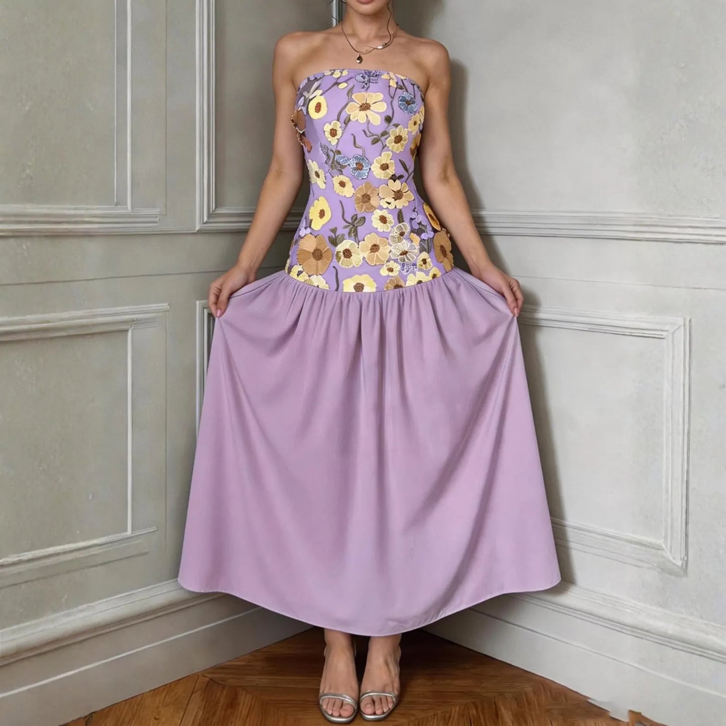 Floral Embroidered Strapless Maxi Dress
