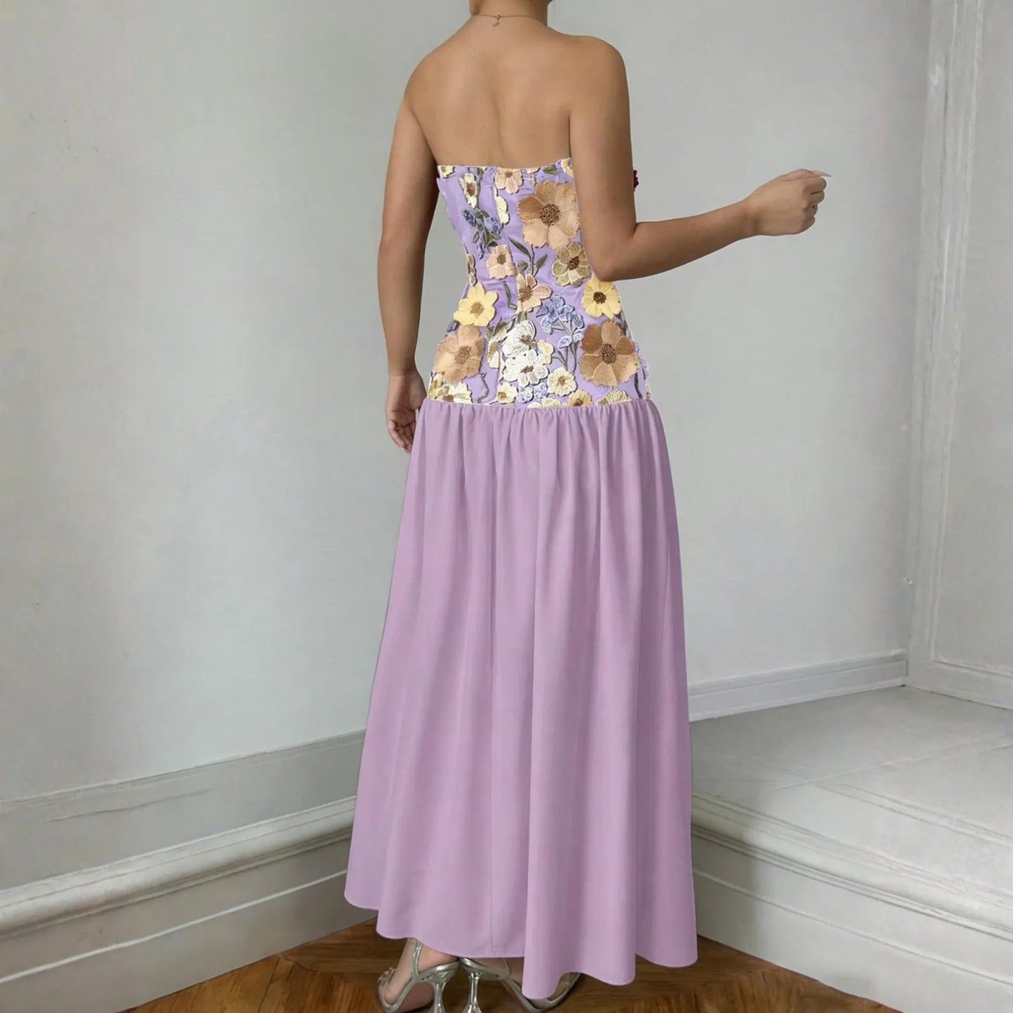 Floral Embroidered Strapless Maxi Dress