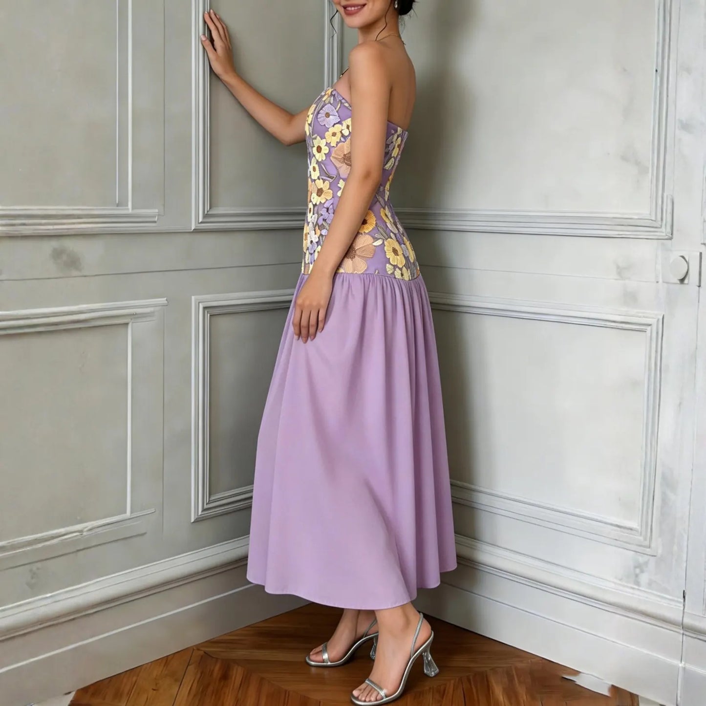 Floral Embroidered Strapless Maxi Dress