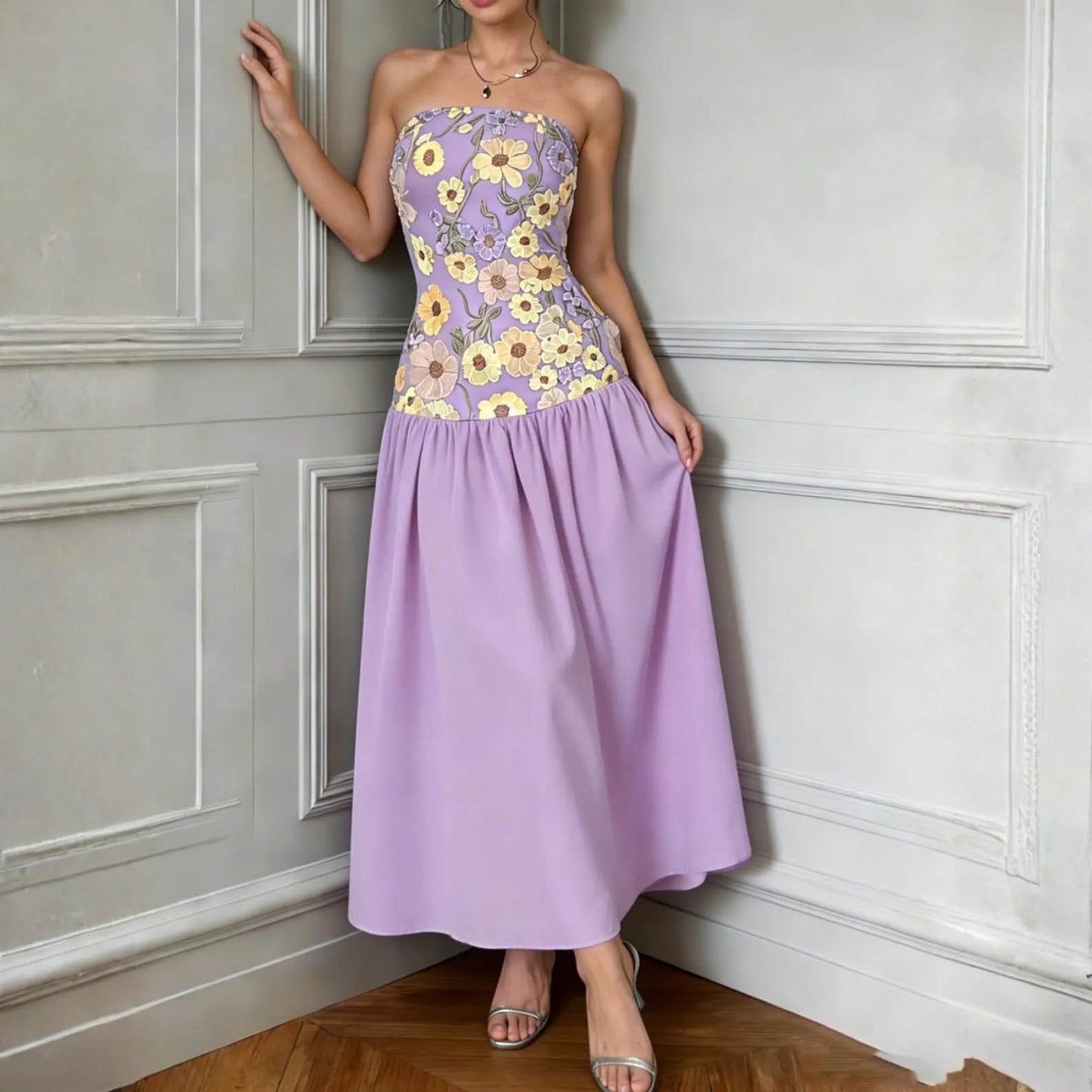 Floral Embroidered Strapless Maxi Dress