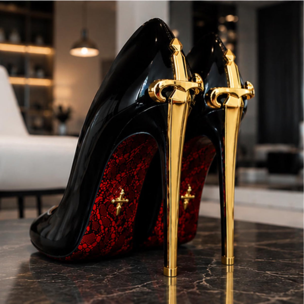 Metal Scepter Print Red Pointed Toe Women's Shoes