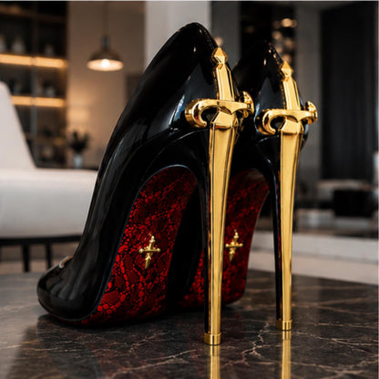 Metal Scepter Print Red Pointed Toe Women's Shoes