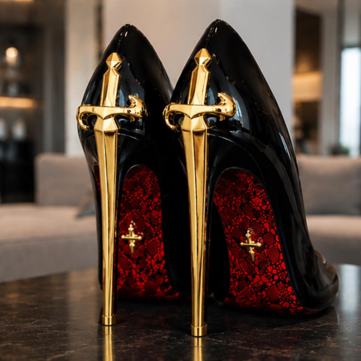 Metal Scepter Print Red Pointed Toe Women's Shoes