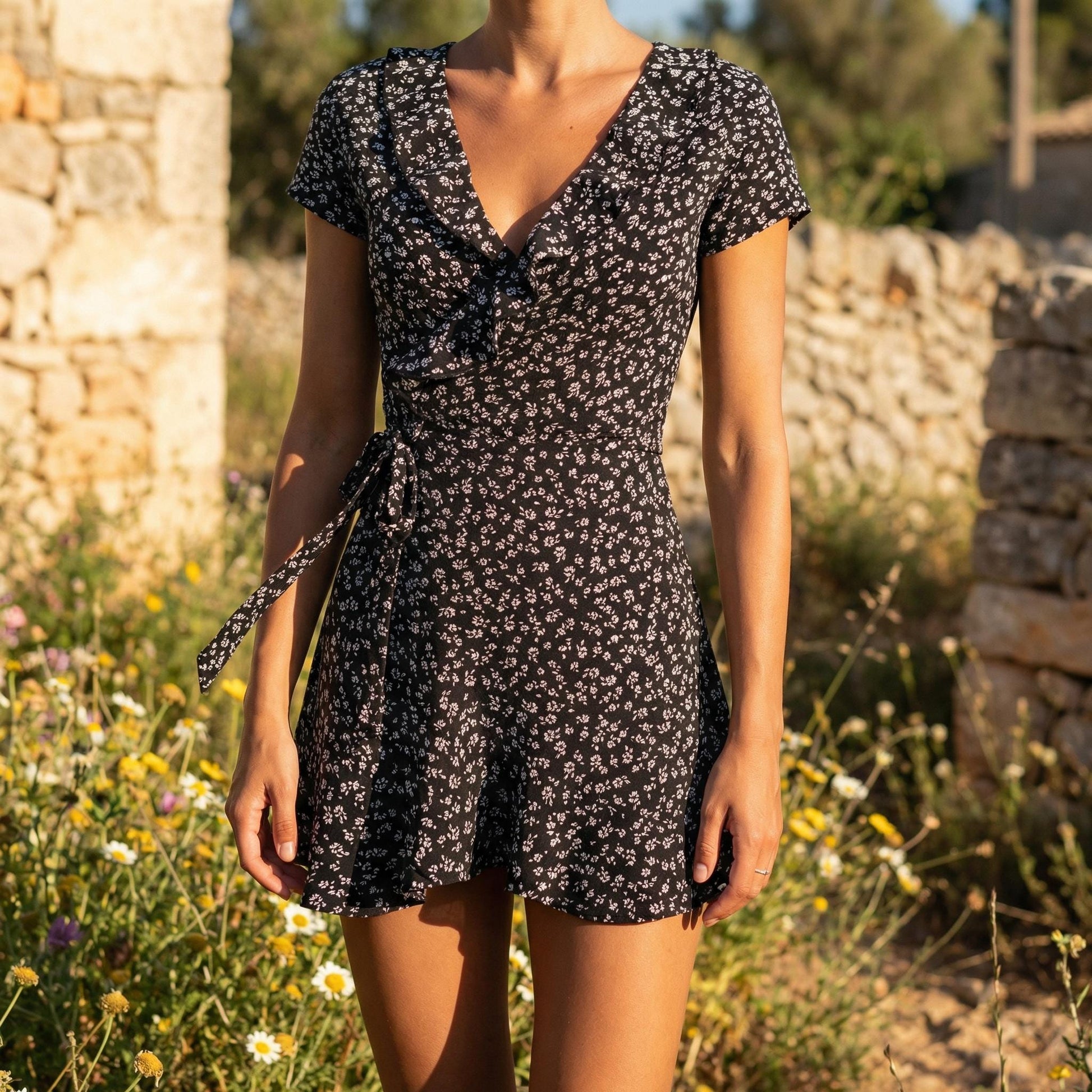 Floral Mini Dress V Neck Ruffle Boho Summer Dress