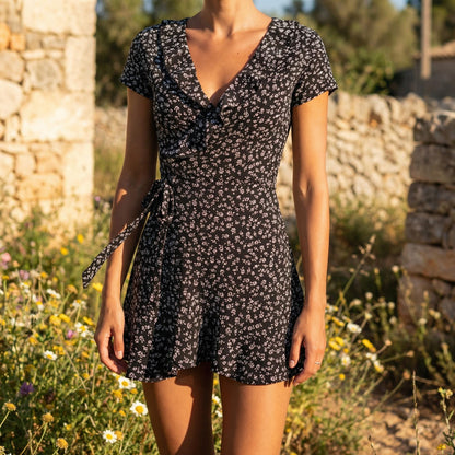 Floral Mini Dress V Neck Ruffle Boho Summer Dress