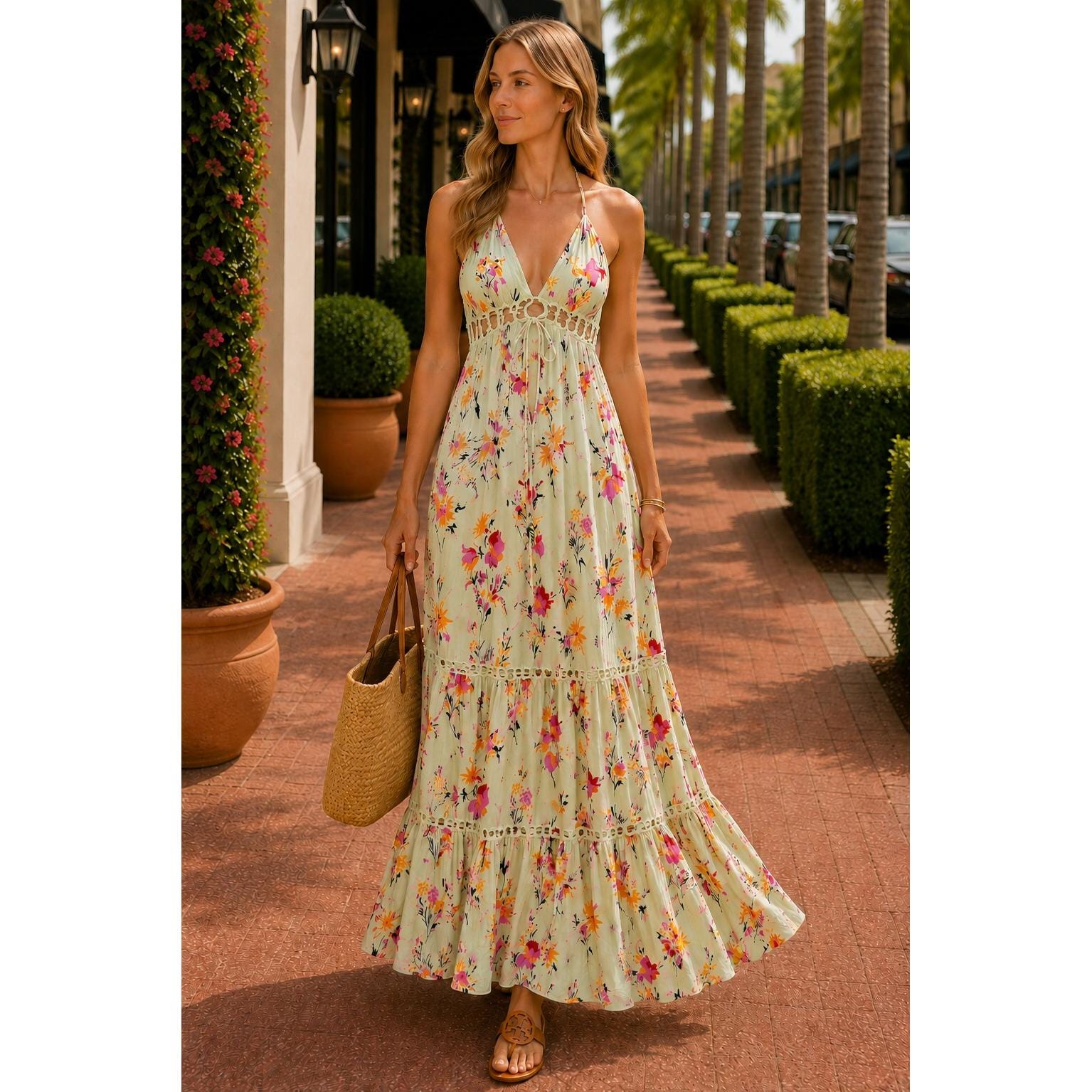 Free People Extratropical Floral Halter Maxi Dress Pale Lime Green Boho Small