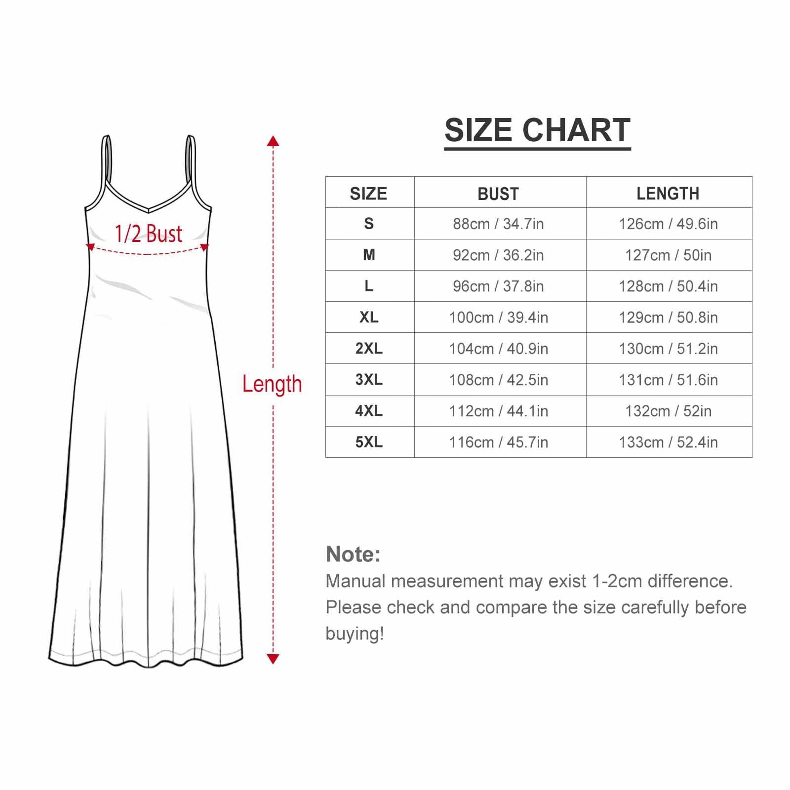 May include: A white spaghetti strap dress with a size chart. The chart shows bust and length measurements in inches and centimeters for sizes S through 5XL. The text also includes a note about manual measurement differences.